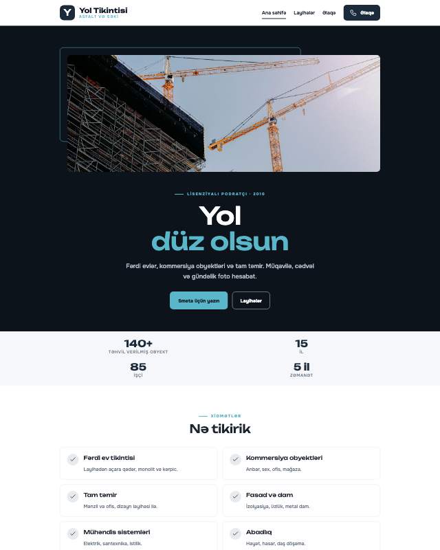 Yol tikintisi şirkəti üçün veb sayt şablonunun ekran görüntüsü