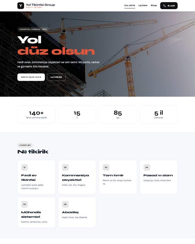 Yol tikintisi · Kontrast veb sayt şablonunun ekran görüntüsü