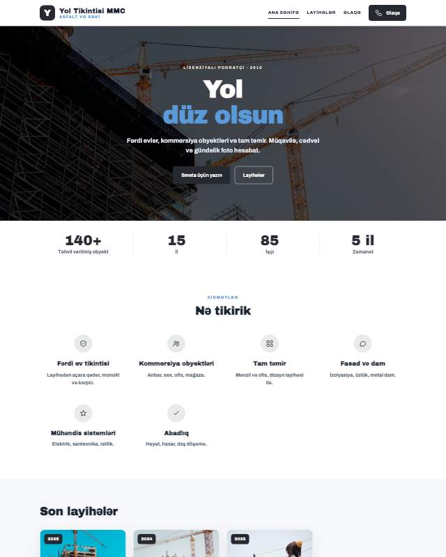 Yol tikintisi · Minimal veb sayt şablonunun ekran görüntüsü