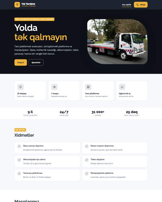 Yol yardımı sayt dizaynının ekran görüntüsü