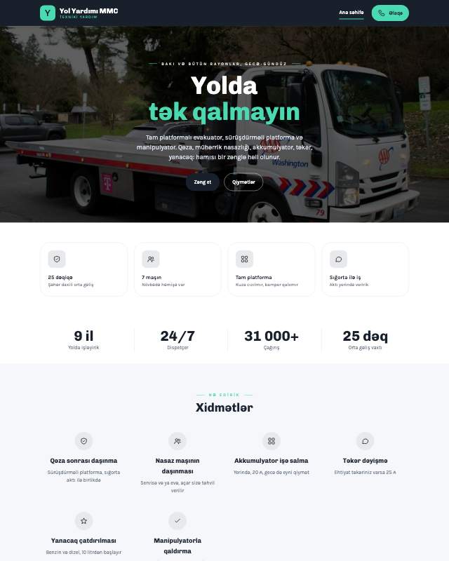 Yol yardımı xidməti üçün veb sayt şablonu «Modern»: ekran görüntüsü
