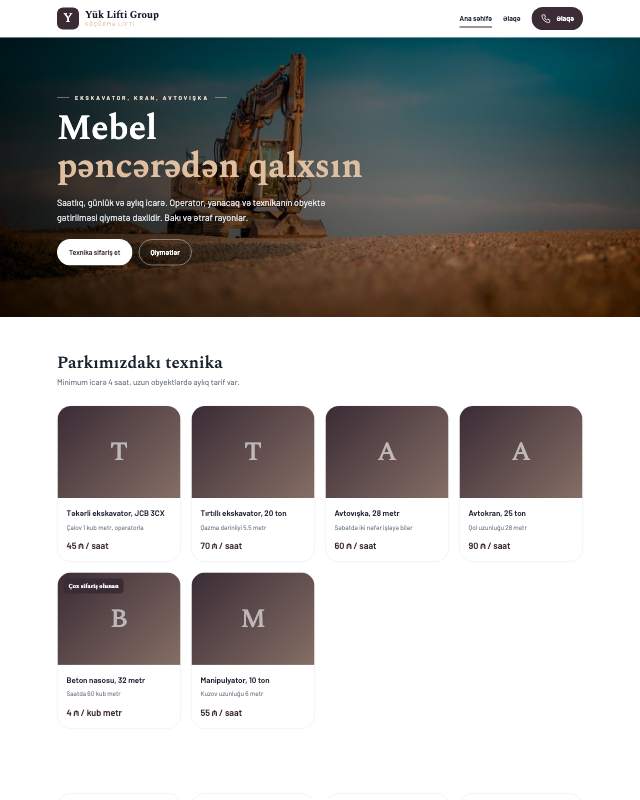 Yük lifti icarəsi · Zərif veb sayt şablonunun ekran görüntüsü