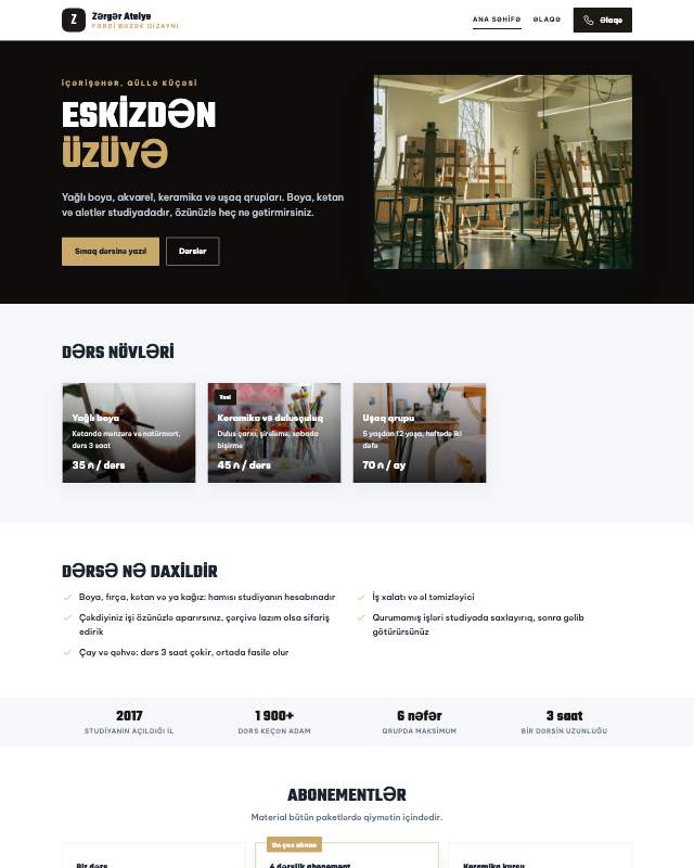 Zərgərlik dizayn studiyası üçün veb sayt şablonunun ekran görüntüsü