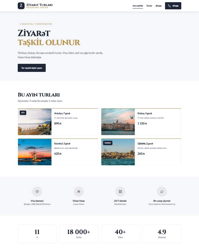 Ziyarət turları üçün veb sayt şablonunun ekran görüntüsü