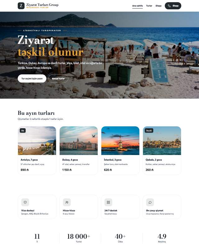 Ziyarət turları · Kart sayt dizaynının ekran görüntüsü